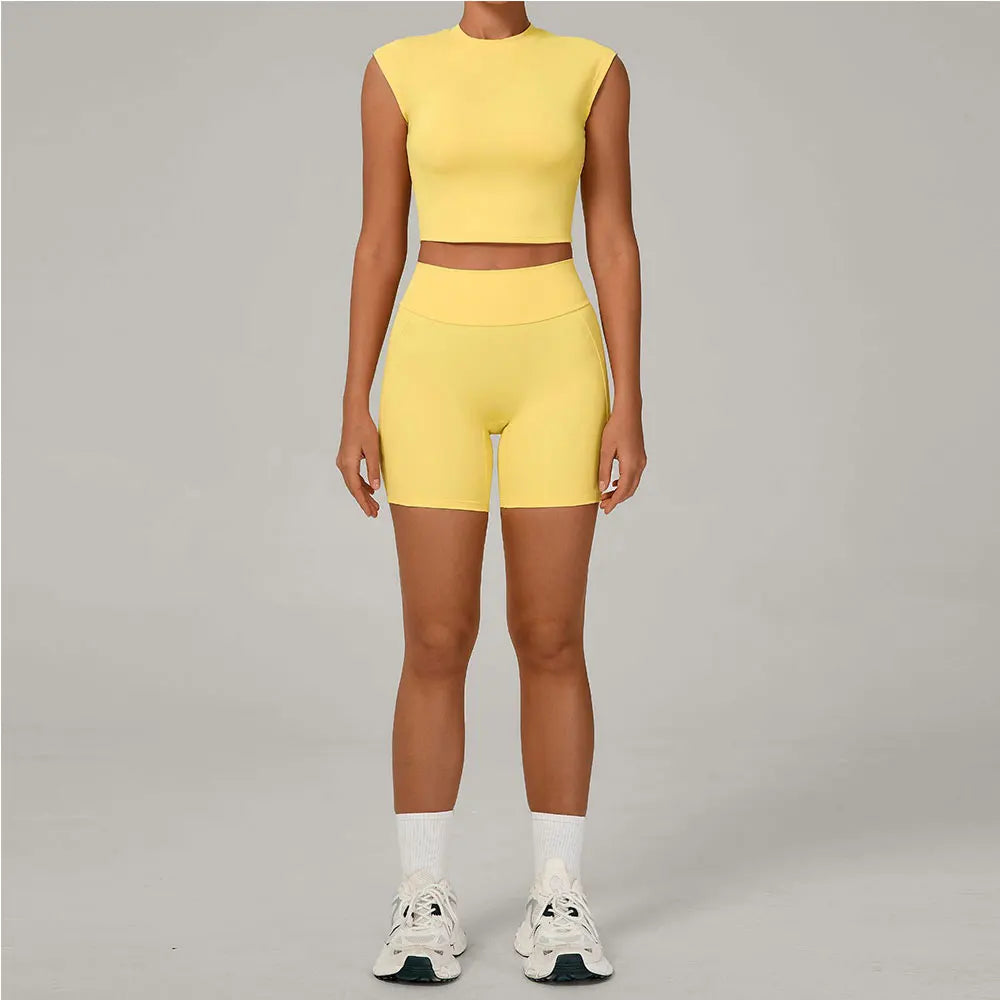 Yoga Sets Workout Sets Women Tracksuit 2 Pieces Gym Suits Yoga Short Sleeves High Waist Shorts Outfits Running Fitness Clothes