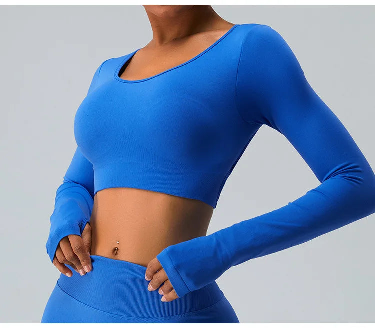 Sexy Women's Backless Shirt Seamless Crop Top Fitness Shirts Long Sleeve Gym Workout Sports Top Woman Front Yoga Tops Activewear