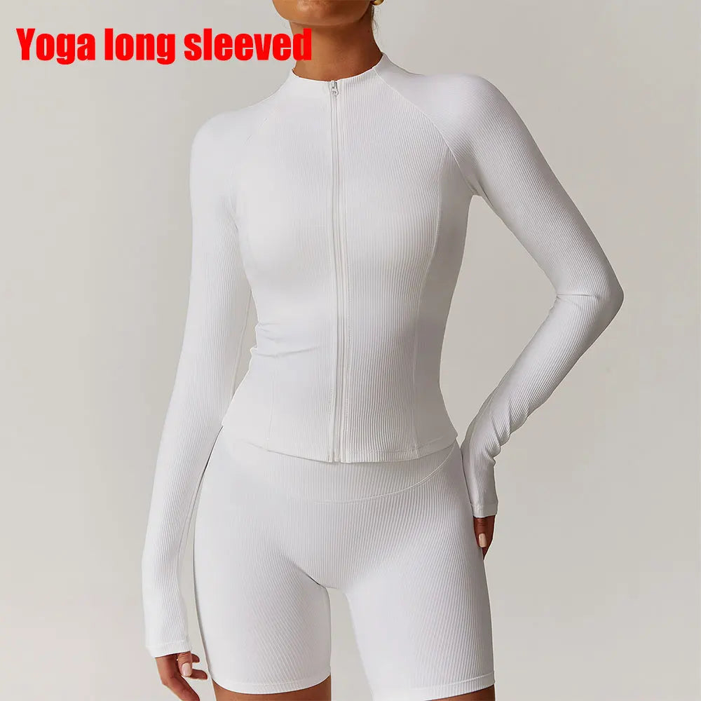 Ribbed Sports Long Sleeved Women Slim Yoga Clothes Quick Dry Zipper Cardigan Stand Up Collar Jacket Running Fitness Jacket Top