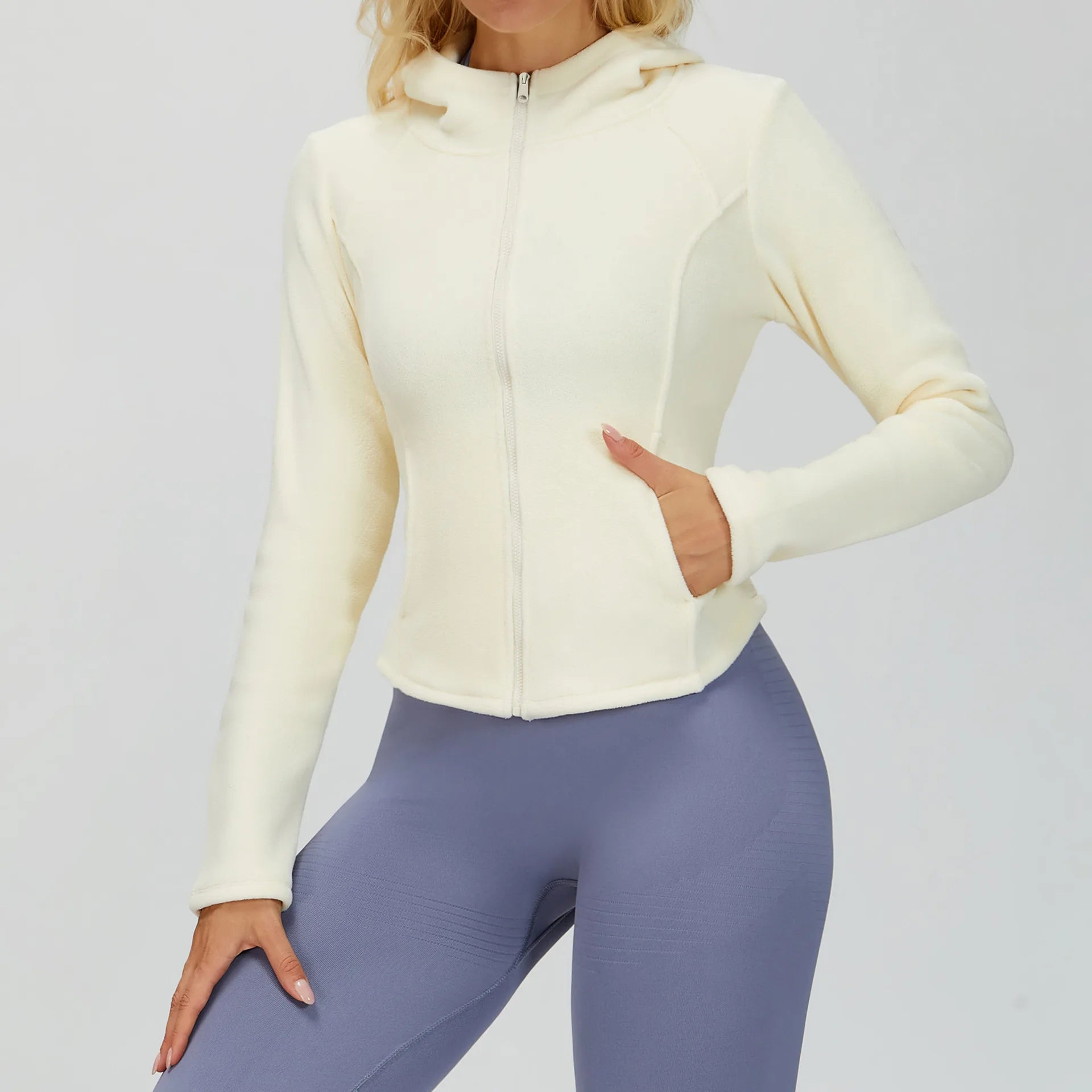 Winter Hooded Jacket for Women Yoga Long Sleeved With Plush Slim Fit Pocket Zipper Jacket Outdoor Casual Sports Warm Jacket
