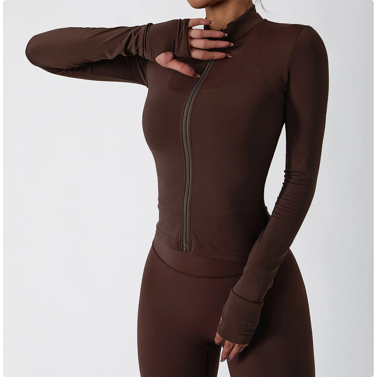 Women Zipper Jacket Yoga T-shirts Solid Sports Top Long Sleeve Crop Tops Running Shirts Sexy Quick Dry Fitness Gym Sport Wear
