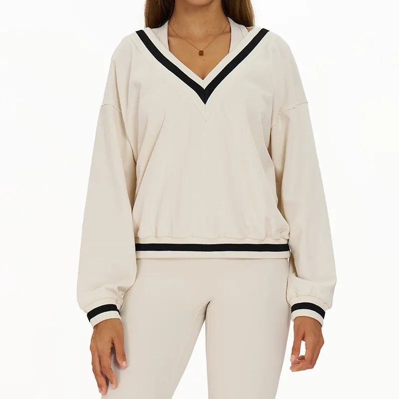 New Winter Women's Long Sleeved V-neck Sports Hoodie Women's Loose and Casual Long Sleeved Top Fashionable and Versatile Jacket