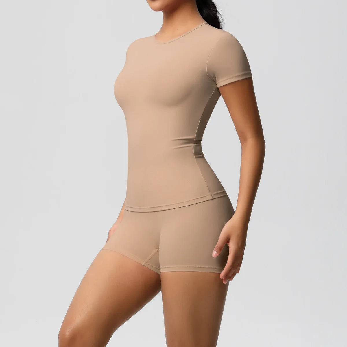 UREN 2PCS Gym Set Summer Short Sleeve Breathable Stretchy GYM Yoga Slim Fitness Active Top Women's Quick-Drying Cycling Short