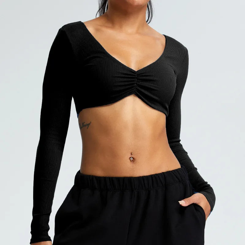 Yoga Shirts Women Crop Top Ribbed Long Sleeves Sexy Shirts for Women Yoga Sports Fitness Running Gym Clothes Push Up Workout Top