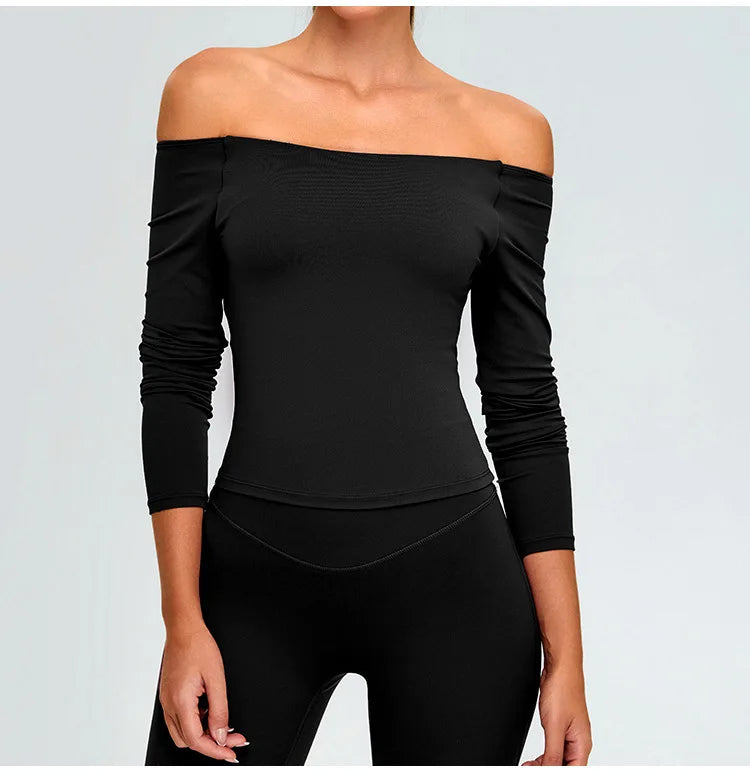 Sexy Off Shoulder Long Sleeved Tops Women's Yoga Long Sleeved Sports T-shirt Top Workout Running Tight Fitting Fitness Clothes