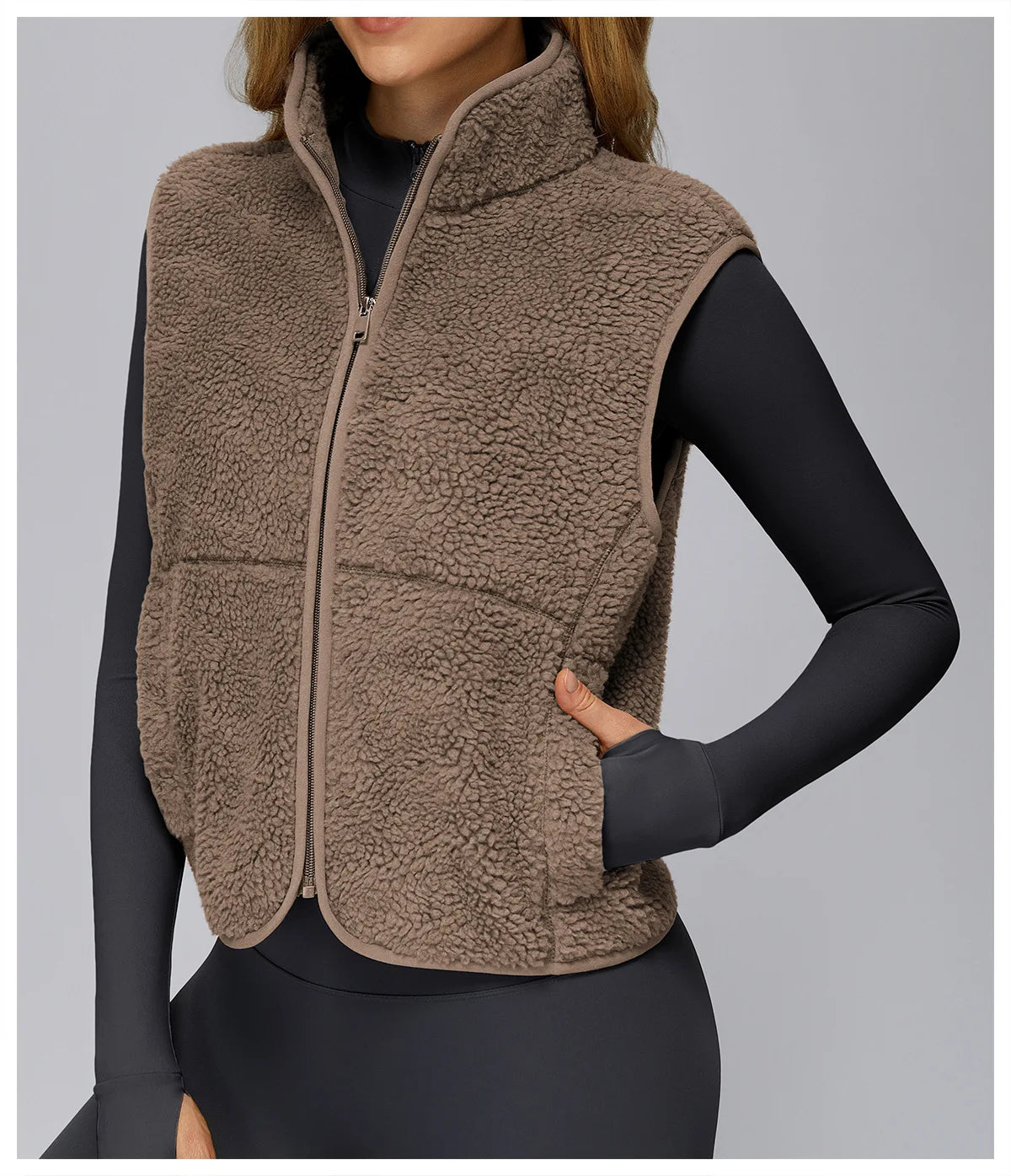 Winter Women's Standing Collar and Velvet Sports Vest Sleeveless Zipper Outerwear Vest Outdoor Running and Fitness Top