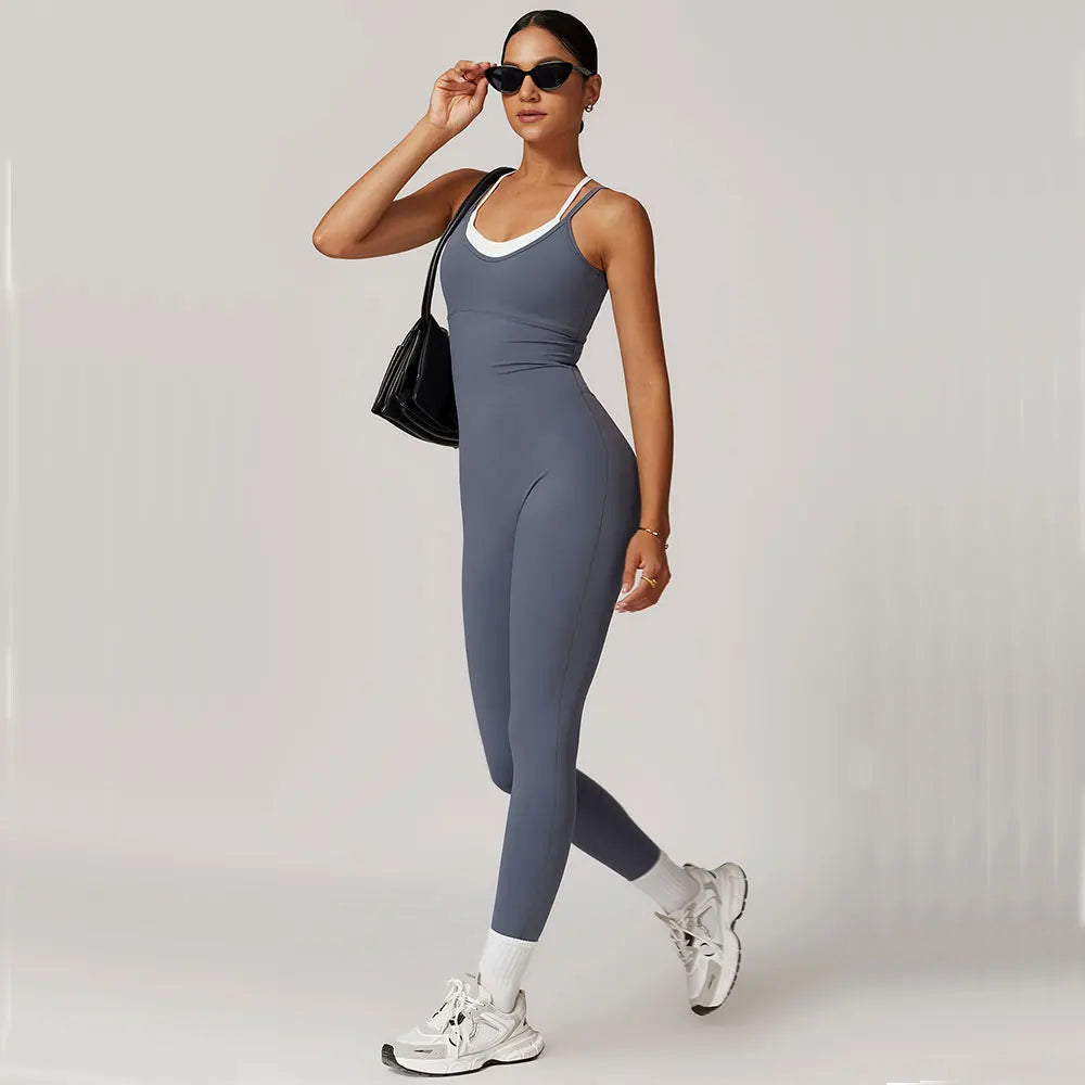 Color Blocked Jumpsuit Gym Set Women Yoga Suit Back Cross Sportswear Women Sports Jumpsuit Fitness Rompers Workout Bodysuits