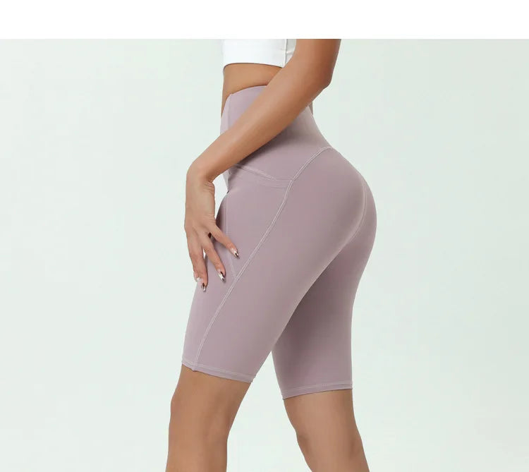 Comfortable Skin Friendly Summer High Waist Yoga Shorts Gym Hip Lift Pants Pocket Breathable Running Cycling Sports Shorts Women