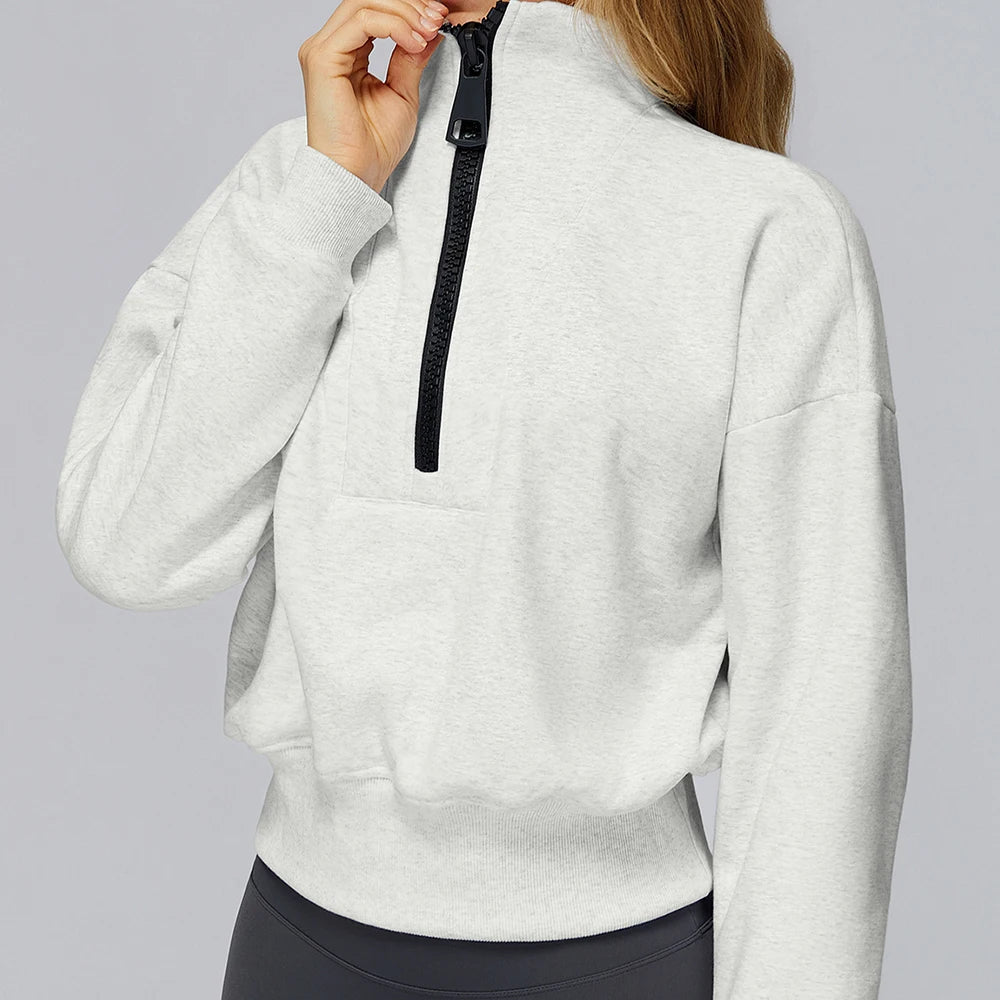 Winter Sports Hoodie Yoga Long Sleeved Women's Stand Collar Loose Windproof Hoodie Warm Long Sleeved Casual Outdoor Sports Top