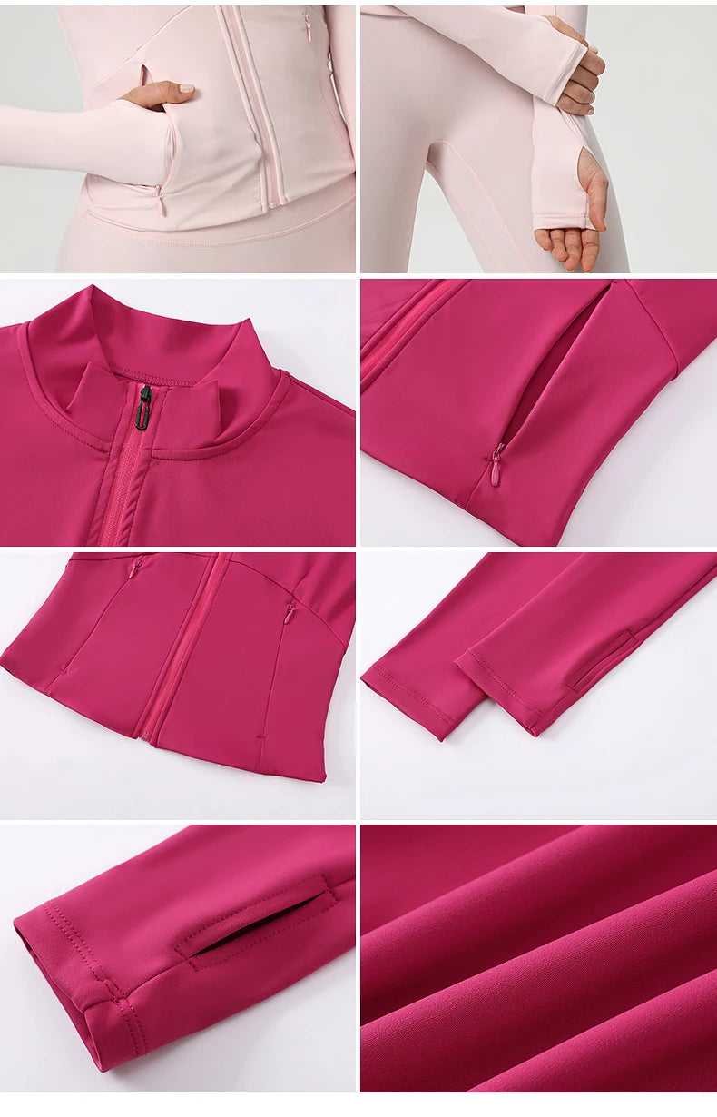 Women Outdoor Sports Long Sleeved Slim Yoga Clothes Quick Dry Zipper Cardigan Stand Up Collar Jacket Running Fitness Jacket Top