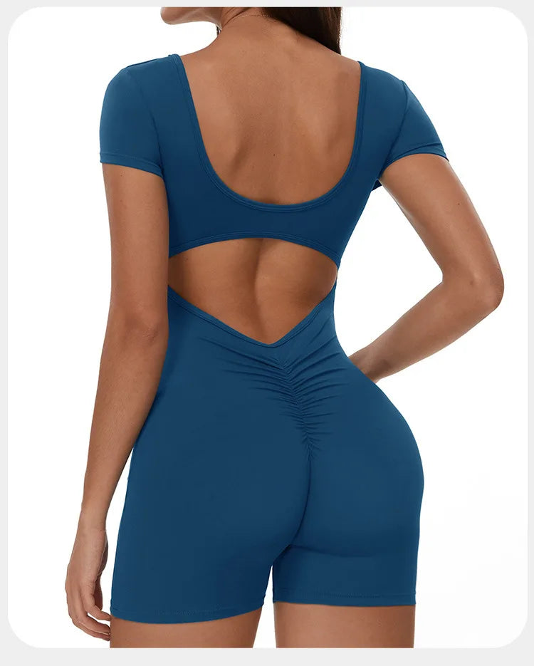 Fitness Jumpsuit Women Tracksuit Sports Short Sleeves Playsuit Running One Piece Yoga Suit Scrunch Shorts Backless Set Rompers