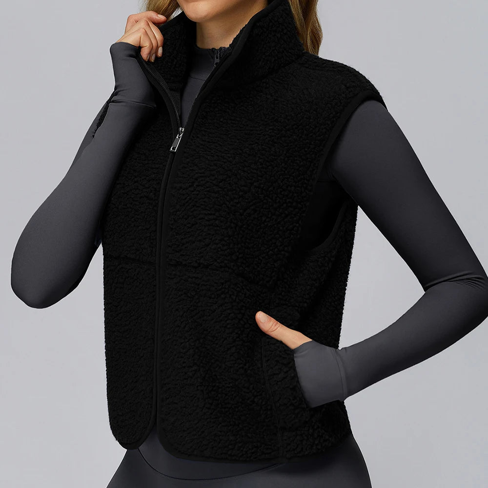 Winter Women's Standing Collar and Velvet Sports Vest Sleeveless Zipper Outerwear Vest Outdoor Running and Fitness Top