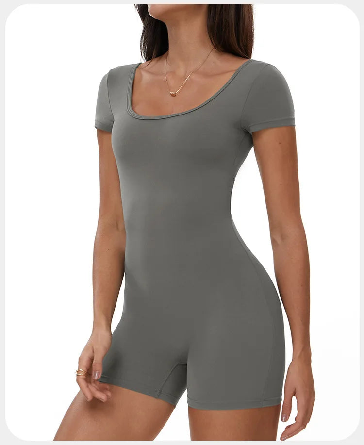 Fitness Jumpsuit Women Tracksuit Sports Short Sleeves Playsuit Running One Piece Yoga Suit Scrunch Shorts Backless Set Rompers