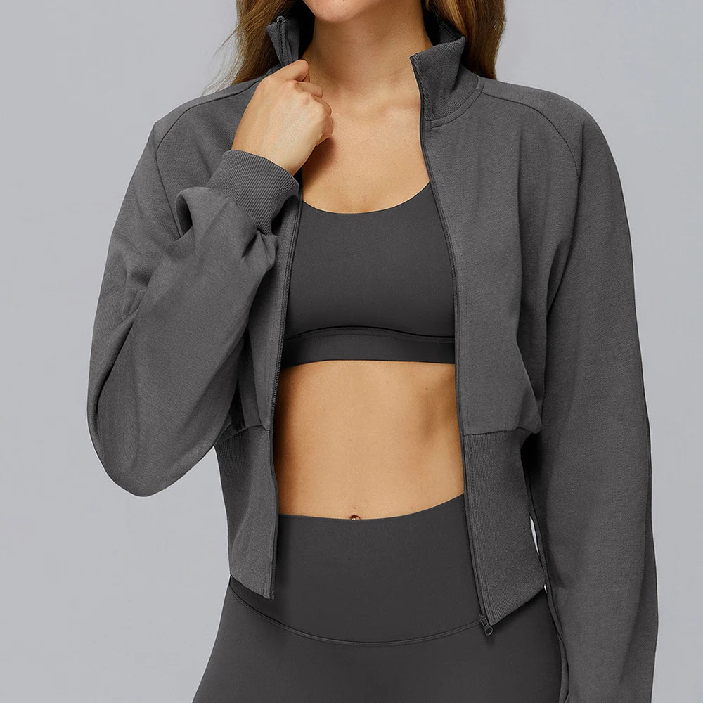 Winter Yoga Long Sleeved Women's Standing Collar Sweatshirt Windproof Zipper Warm Sweatshirt Loose Outdoor Running Sports Jacket