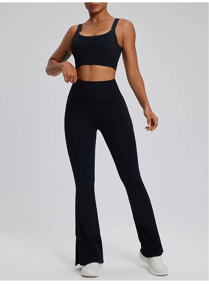 2PCS Yoga Suit Gym Set Women Clothes Running Tracksuit Workout Long Sleeve High Waist Bell-bottoms Sports Shirt Yoga Clothing