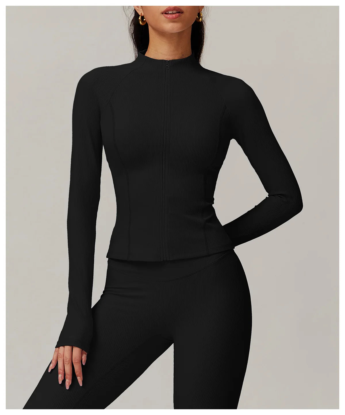 Ribbed Sports Long Sleeved Women Slim Yoga Clothes Quick Dry Zipper Cardigan Stand Up Collar Jacket Running Fitness Jacket Top