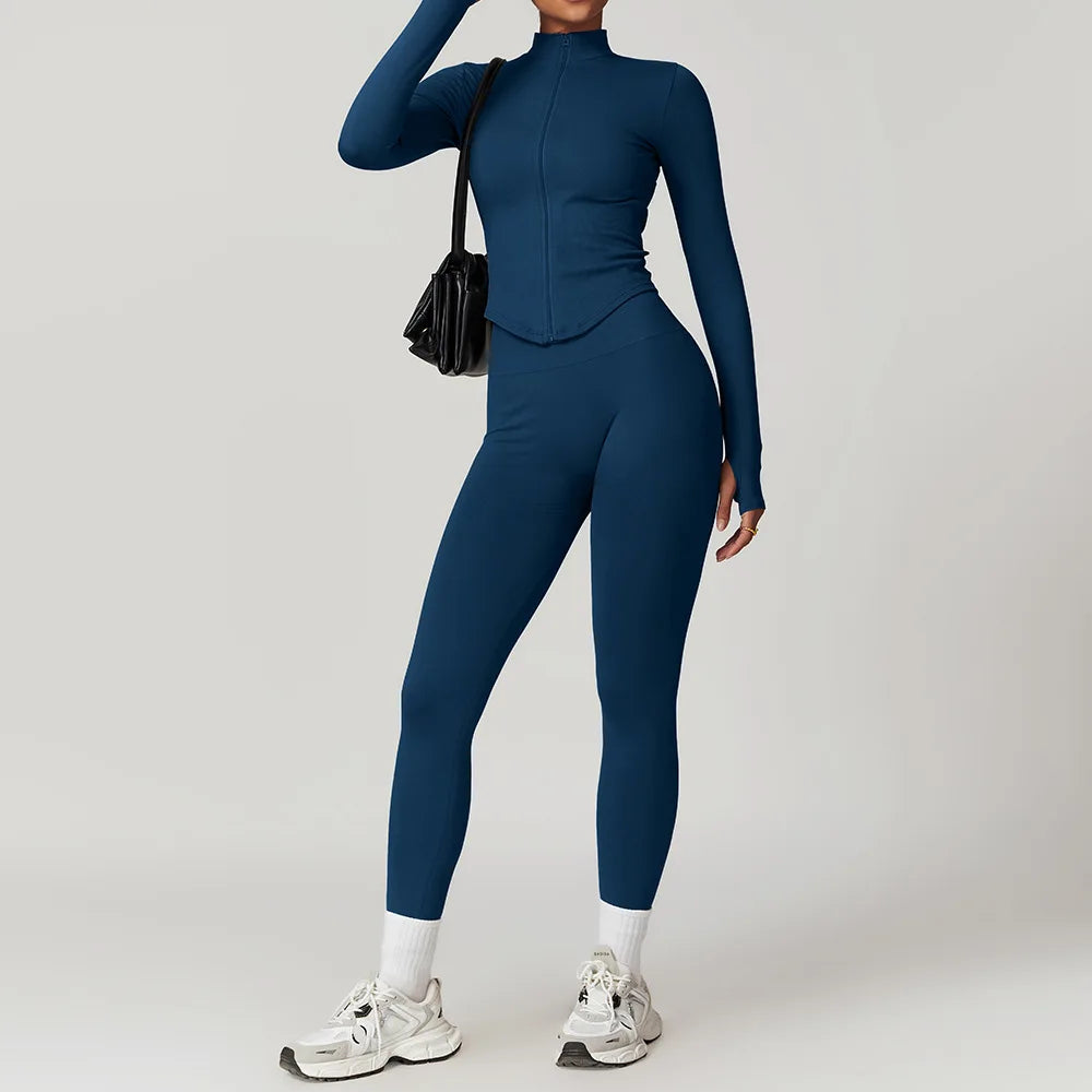 2PCS Seamless Women Tracksuit Yoga Set Workout Outfit Sportswear Gym Clothing Fitness Long Sleeve High Waist Legging Sports Suit