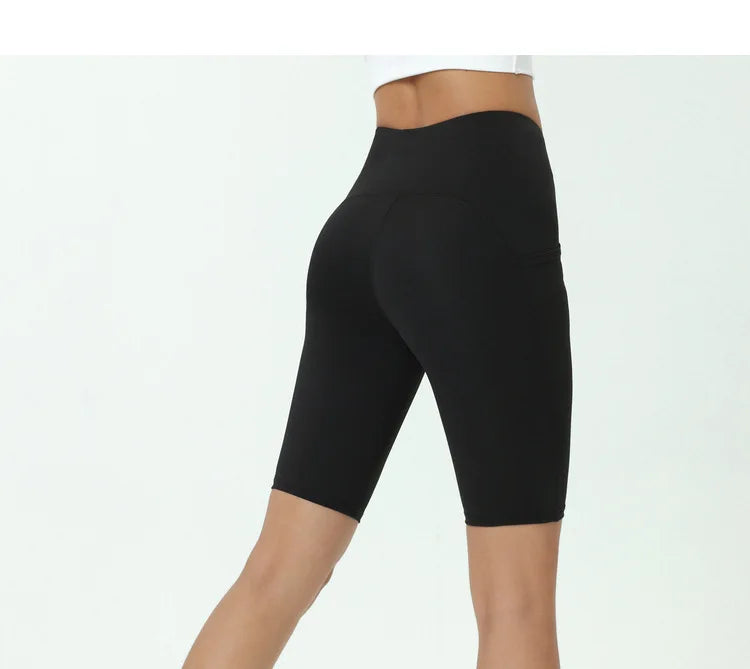 Comfortable Skin Friendly Summer High Waist Yoga Shorts Gym Hip Lift Pants Pocket Breathable Running Cycling Sports Shorts Women