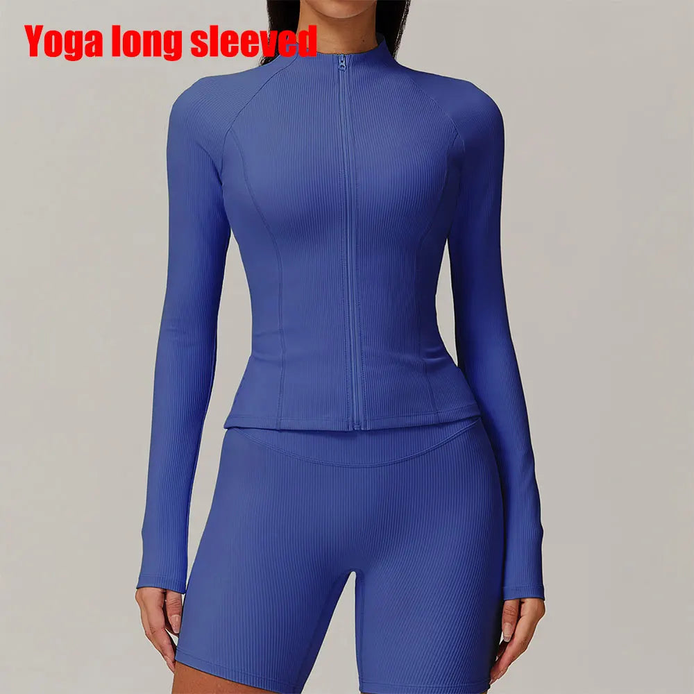 Ribbed Sports Long Sleeved Women Slim Yoga Clothes Quick Dry Zipper Cardigan Stand Up Collar Jacket Running Fitness Jacket Top