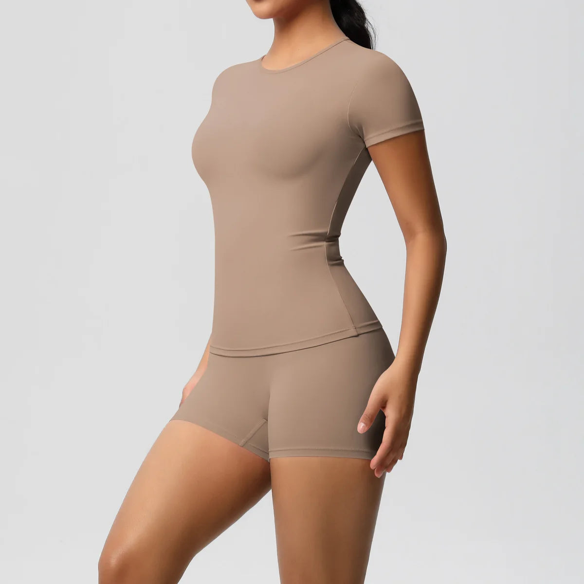UREN 2PCS Gym Set Summer Short Sleeve Breathable Stretchy GYM Yoga Slim Fitness Active Top Women's Quick-Drying Cycling Short