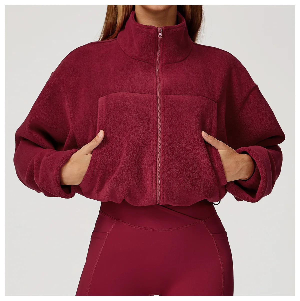 Winter Yoga Jacket Women Long Sleeved Stand Up Collar Windproof Warm Fleece Drawstring Jacket Running With Fleece Sports Jacket