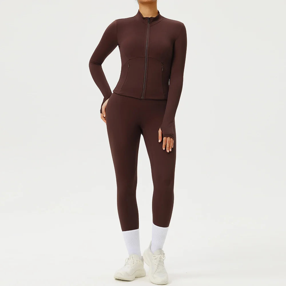 Women 2PCS Yoga Set Workout Sets Sportswear Gym Clothing Fitness Zipper Long Sleeve High Waist Leggings Sports Suits Yoga Suit