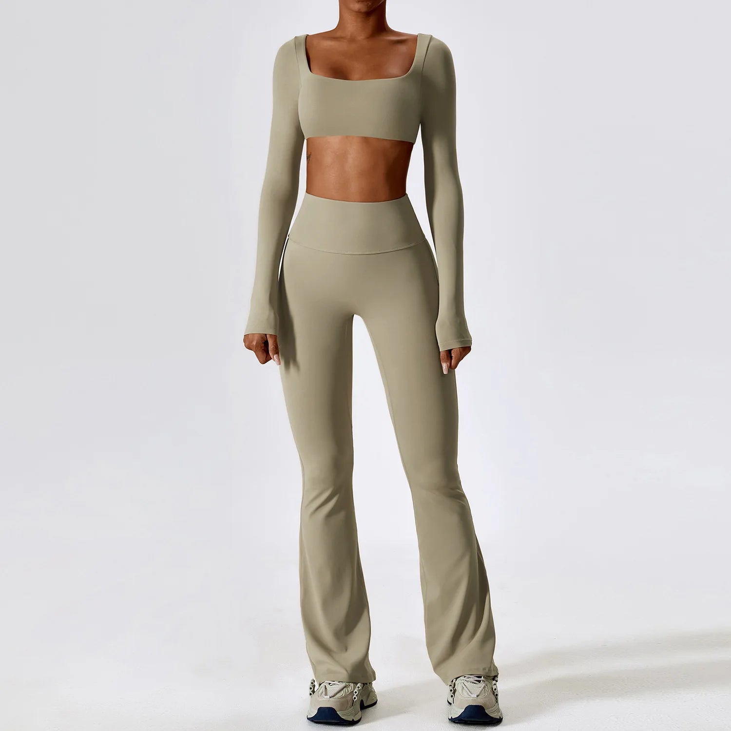 Women Tracksuit Gym Yoga Suit 2PCS Tight Fitting Sports Set Workout Breathable T Shirts Bra Tank Top Loose Bell-bottoms Leggings