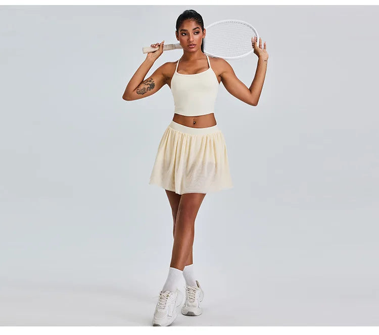 2 Piece Sportswear Leisure Sports Short Skirt Yoga Set Women's Belt Lined Mesh Pleated Tennis Skirt Running Push Up Fitness Suit