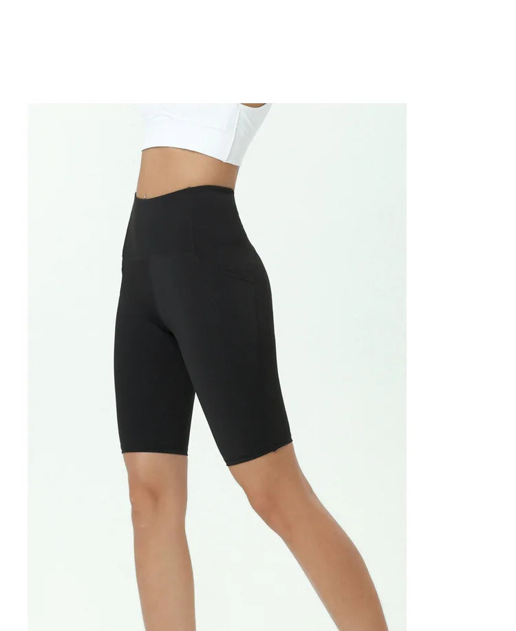 Comfortable Skin Friendly Summer High Waist Yoga Shorts Gym Hip Lift Pants Pocket Breathable Running Cycling Sports Shorts Women