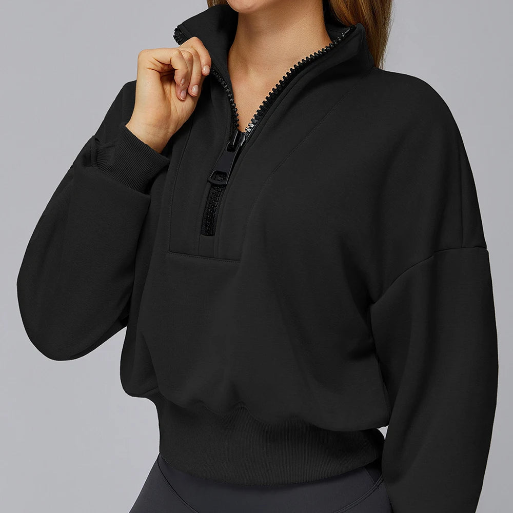 Winter Sports Hoodie Yoga Long Sleeved Women's Stand Collar Loose Windproof Hoodie Warm Long Sleeved Casual Outdoor Sports Top