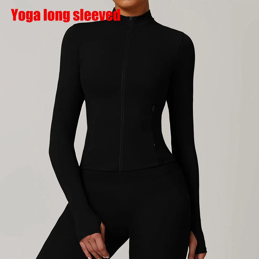 Women Outdoor Running Fitness Wear T-shirt Long Sleeved Thumb Holes Top Zipper Yoga Long Sleeved Yoga Shirt Gym Push Up Workout