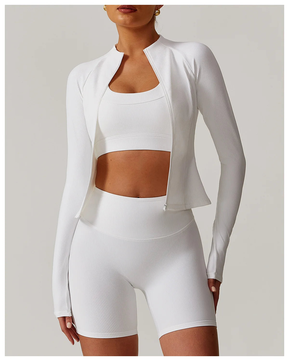 Ribbed Sports Long Sleeved Women Slim Yoga Clothes Quick Dry Zipper Cardigan Stand Up Collar Jacket Running Fitness Jacket Top