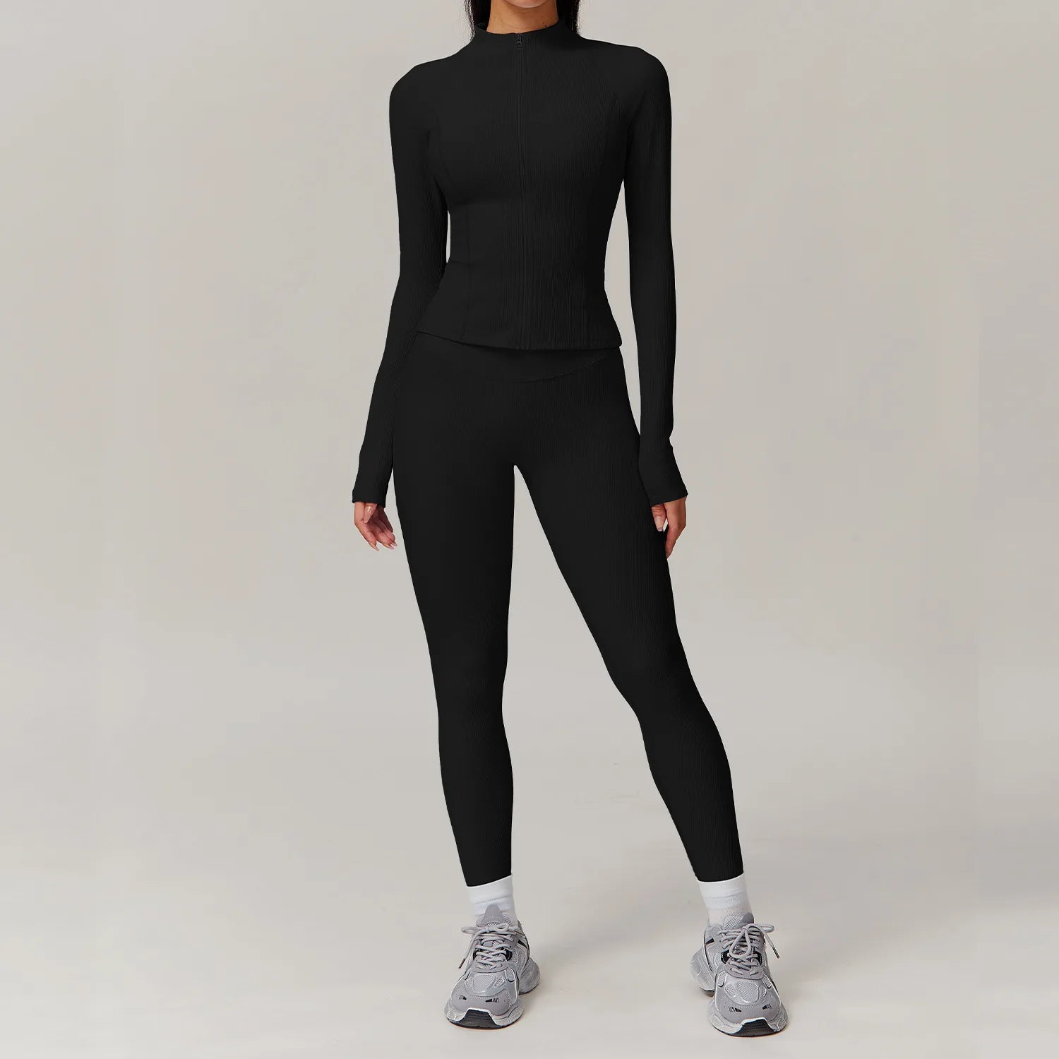 2 Pieces Yoga Suit Women Sports Set Ribbed Gym Set Women Tracksuit Running Workout Zipper Long Sleeve Sports Shirt Yoga Clothing