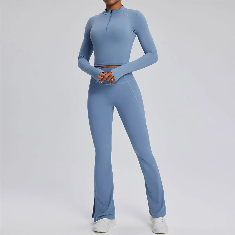 2PCS Yoga Suit Gym Set Women Clothes Running Tracksuit Workout Long Sleeve High Waist Bell-bottoms Sports Shirt Yoga Clothing