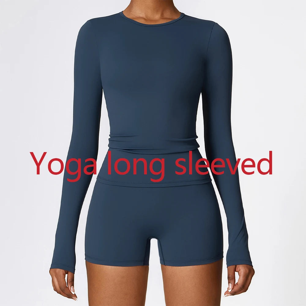 Yoga T-shirts Solid Sports Top Women Long Sleeve Gym Workout Running Shirts Sexy Exposed Navel Quick Dry Fitness Gym Sport Wear