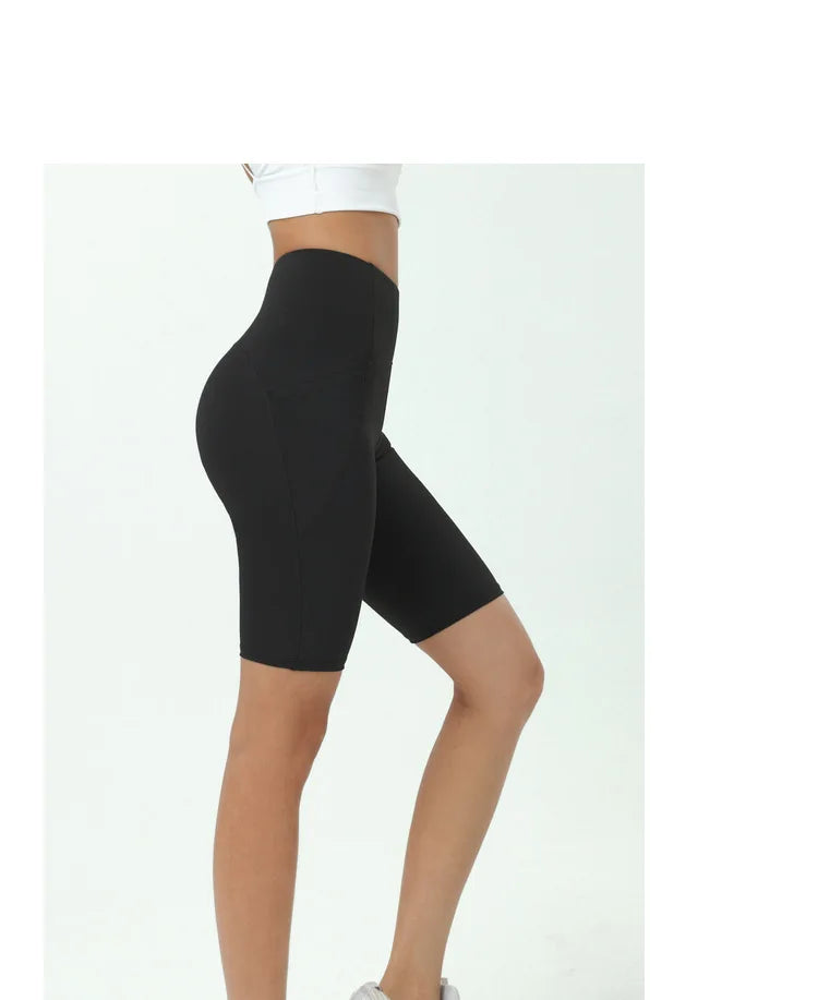 Comfortable Skin Friendly Summer High Waist Yoga Shorts Gym Hip Lift Pants Pocket Breathable Running Cycling Sports Shorts Women