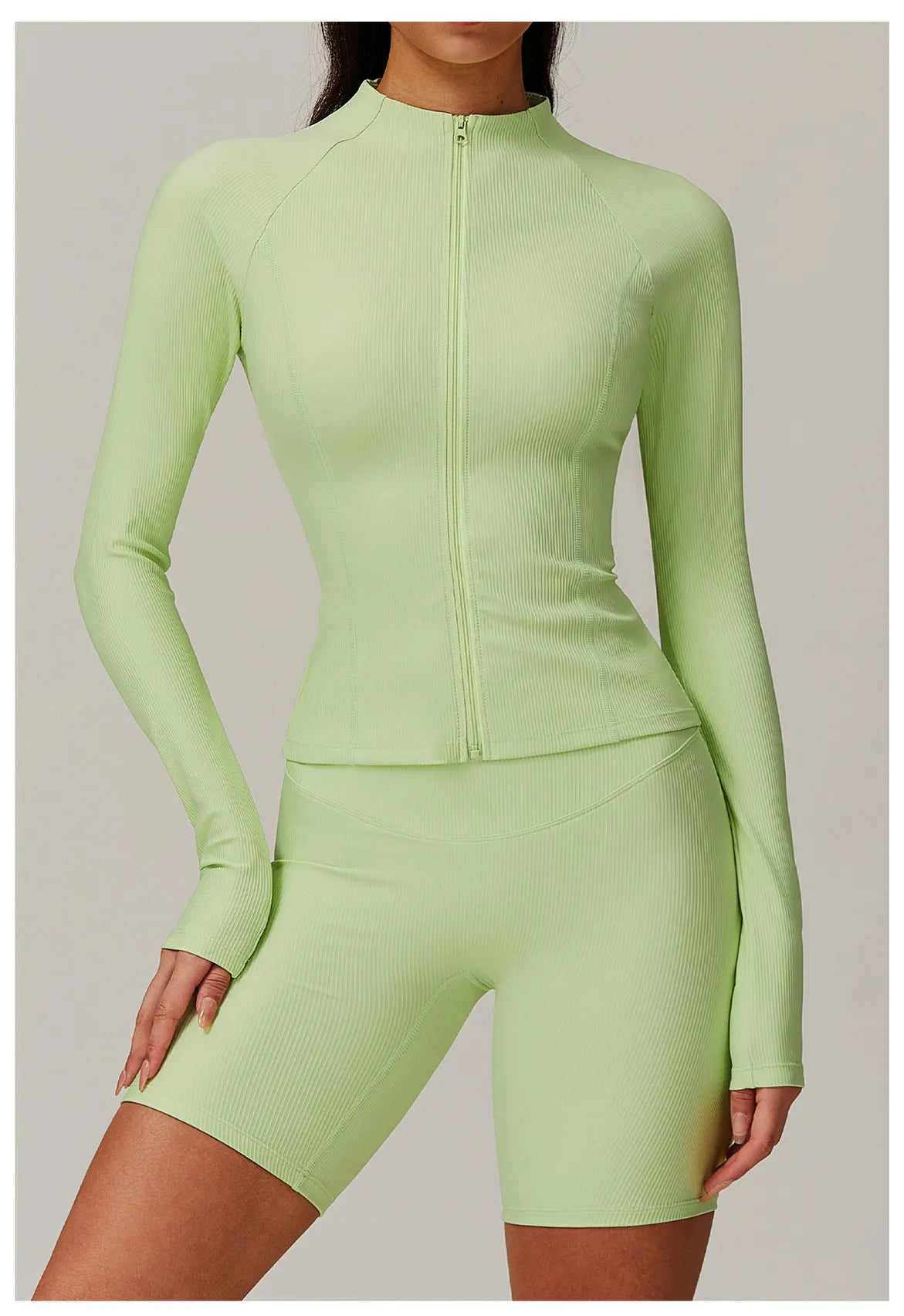 Ribbed Sports Long Sleeved Women Slim Yoga Clothes Quick Dry Zipper Cardigan Stand Up Collar Jacket Running Fitness Jacket Top