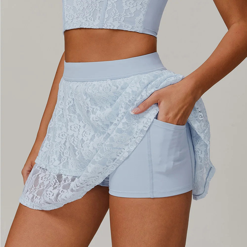 Women's High Waisted Tennis Lace Skirt Tennis Yoga Golf Sports Belt Safety Pants Pocket Comfortable and Breathable Sports Skirt