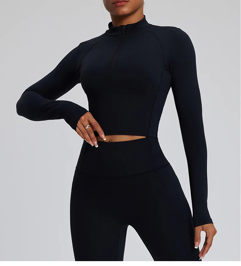 Half Zipper Long Sleeve Yoga Shirts Sport Top Fitness Yoga Top Gym Top Sports Wear For Women Push Up Running Full Sleeve Jacket