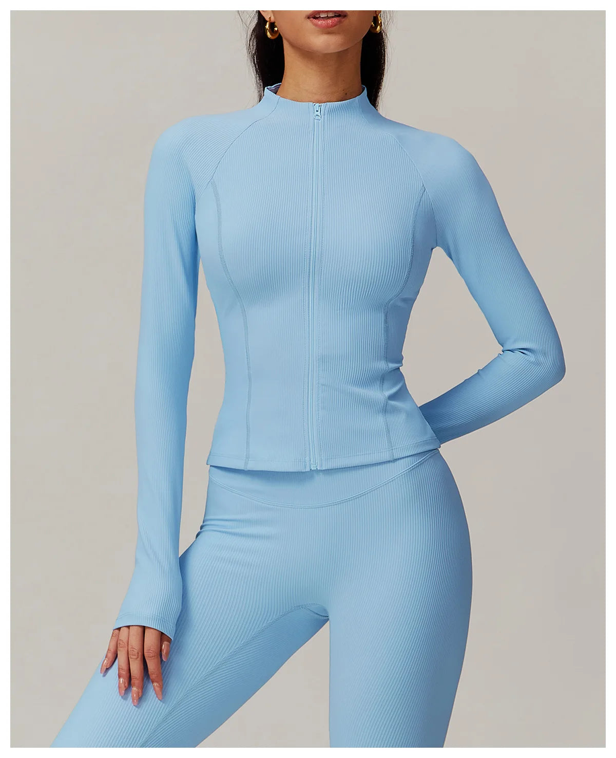 Ribbed Sports Long Sleeved Women Slim Yoga Clothes Quick Dry Zipper Cardigan Stand Up Collar Jacket Running Fitness Jacket Top