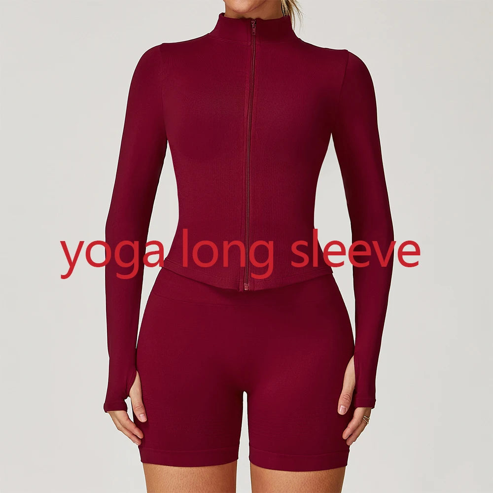 Seamless Outdoor Sports Long Sleeved Women Yoga Coat Quick Dry Zipper Cardigan Stand Up Collar Jacket Running Fitness Jacket Top
