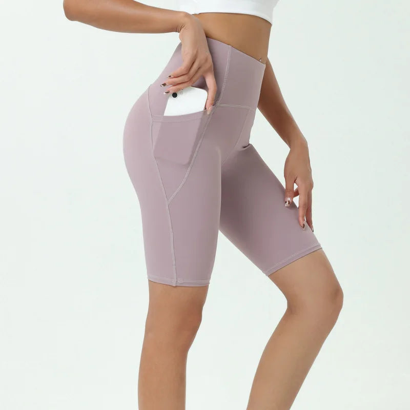 Comfortable Skin Friendly Summer High Waist Yoga Shorts Gym Hip Lift Pants Pocket Breathable Running Cycling Sports Shorts Women