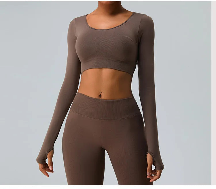 Sexy Women's Backless Shirt Seamless Crop Top Fitness Shirts Long Sleeve Gym Workout Sports Top Woman Front Yoga Tops Activewear