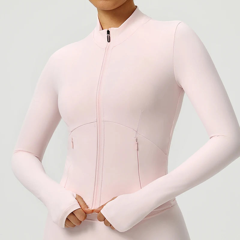 Women Outdoor Sports Long Sleeved Slim Yoga Clothes Quick Dry Zipper Cardigan Stand Up Collar Jacket Running Fitness Jacket Top