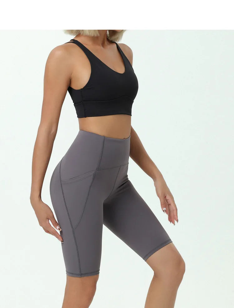Comfortable Skin Friendly Summer High Waist Yoga Shorts Gym Hip Lift Pants Pocket Breathable Running Cycling Sports Shorts Women