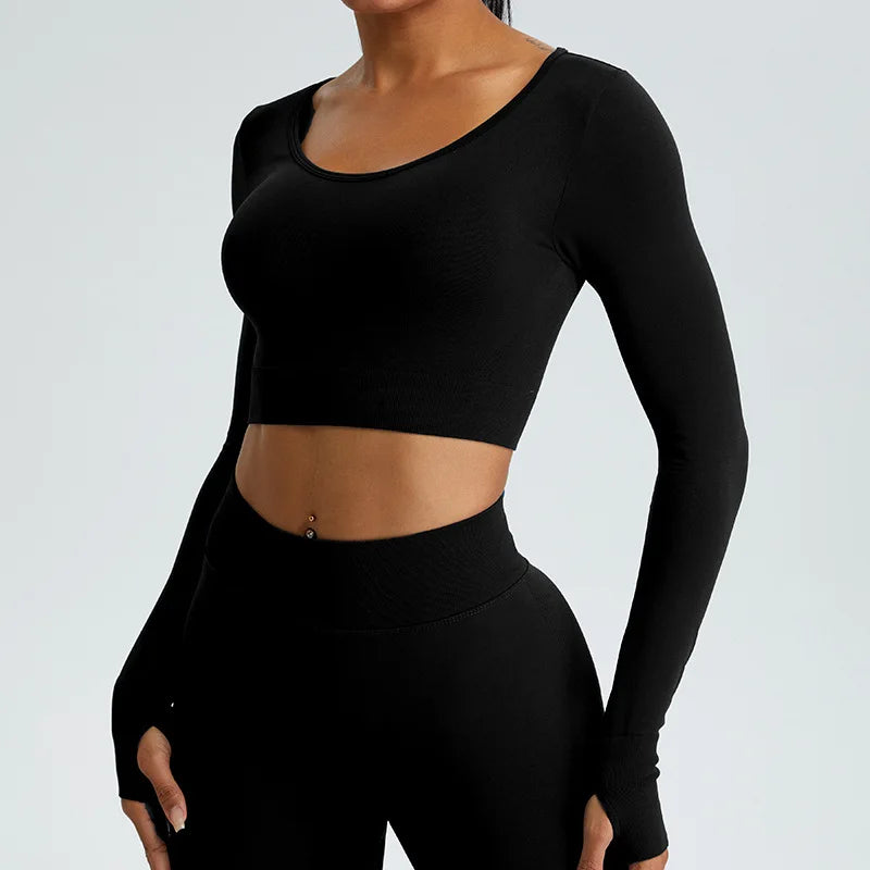 Yoga T-shirts Women Crop Top Solid Sports Top Long Sleeve Seamless Running Shirts Exposed Navel Quick Dry Fitness Gym Sport Wear