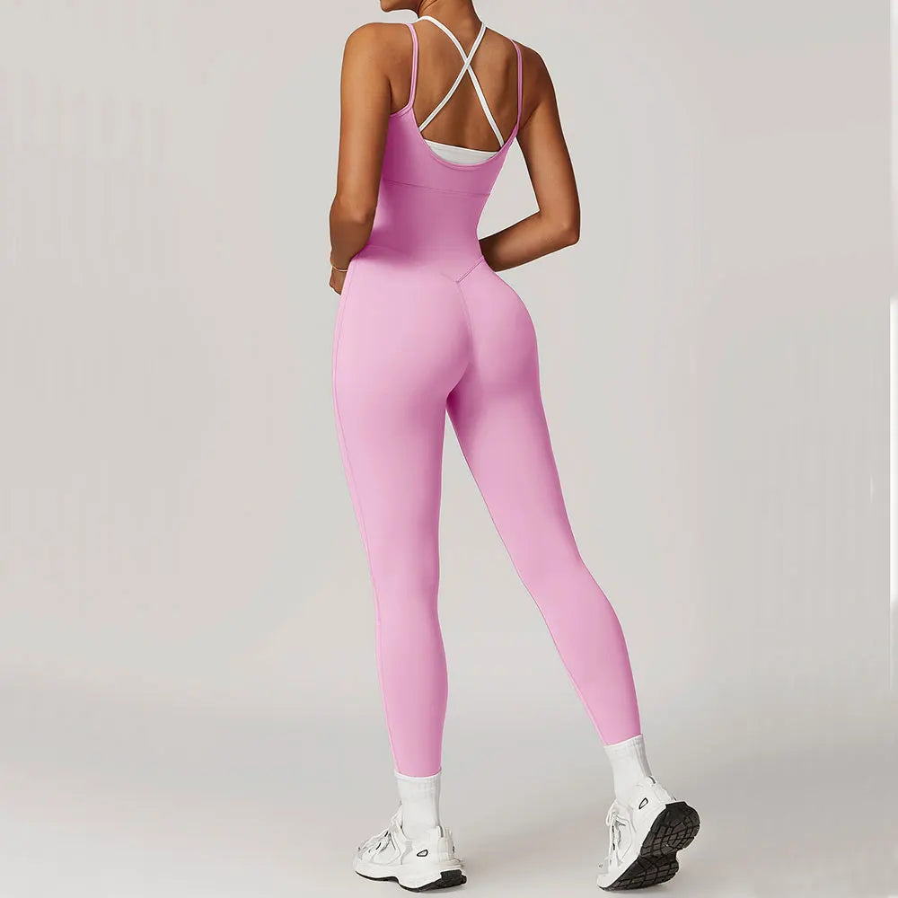 Color Blocked Jumpsuit Gym Set Women Yoga Suit Back Cross Sportswear Women Sports Jumpsuit Fitness Rompers Workout Bodysuits