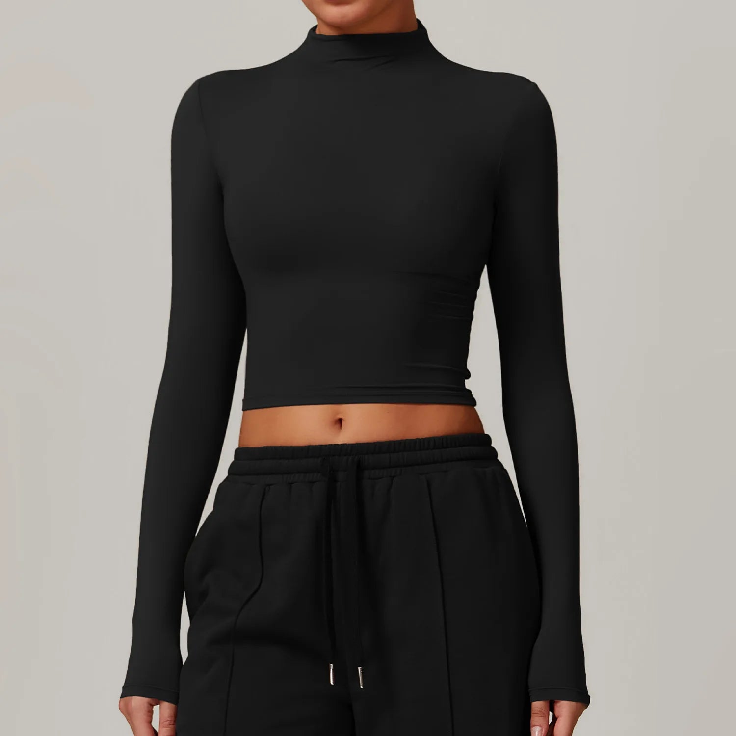 Women Crop Tops High Neck Yoga T-shirts Solid Sports Top Long Sleeve Running Shirts Exposed Navel Quick Dry Fitness Gym Sport