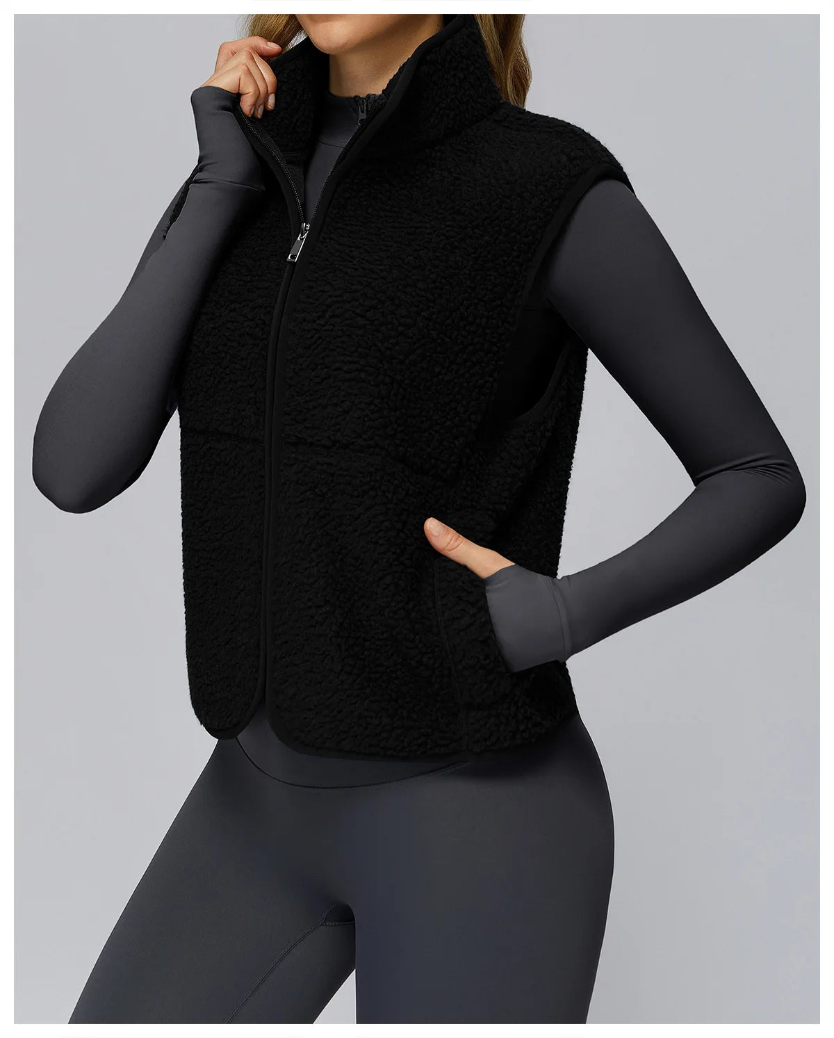 Winter Women's Standing Collar and Velvet Sports Vest Sleeveless Zipper Outerwear Vest Outdoor Running and Fitness Top