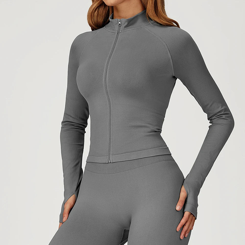 Seamless Zipper Jacket Women Crop Top Yoga T-shirts Solid Sports Top Long Sleeve Running Shirts Quick Dry Fitness Gym Sport Wear